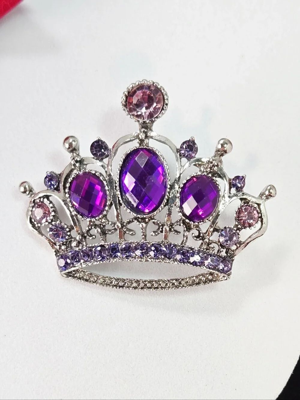Purple Crown Brooch Royal Crystal Pin Silver Filigree Princess Glam Jewelry